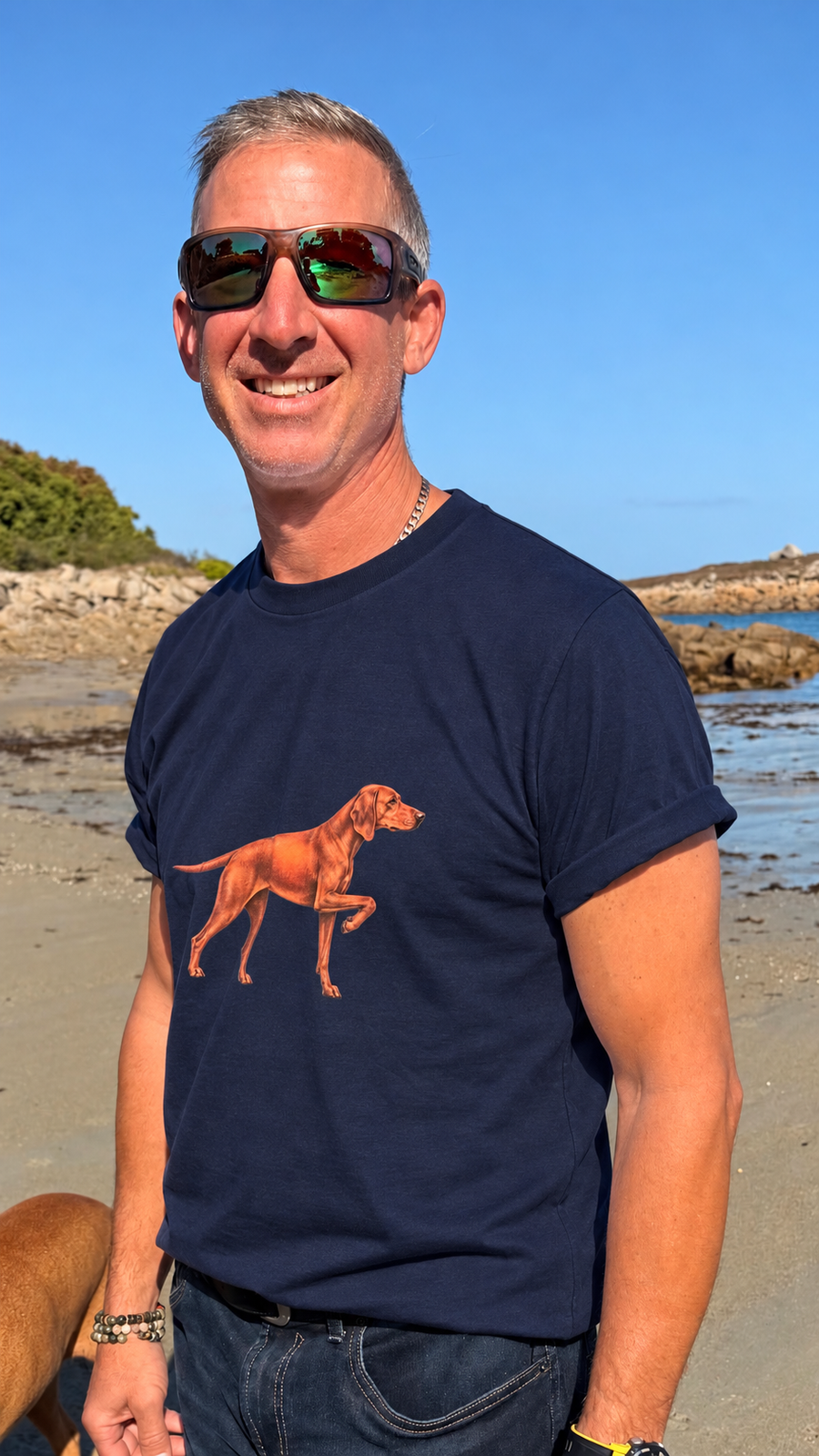 Hungarian Vizsla unisex crew T-shirt, worn on a Brittany beach