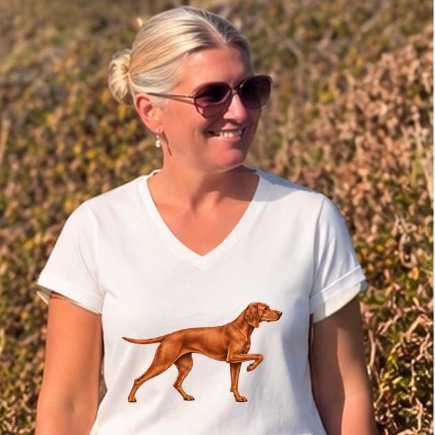 Hungarian Vizsla women's V-neck T-shirt in White, worn