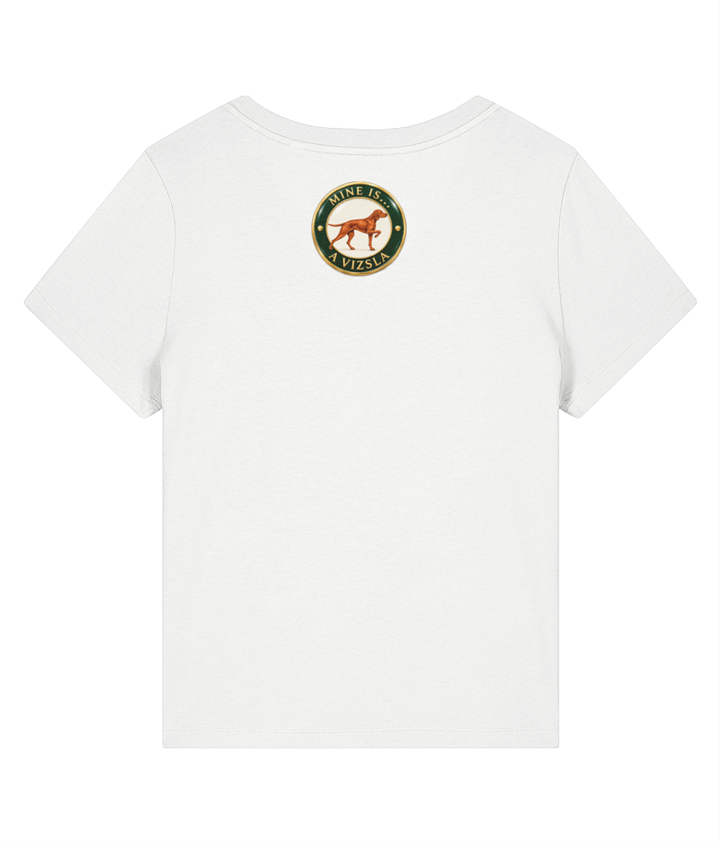 Mine Is… A Vizsla women's V-neck T-shirt in White, back with the MINE IS… A VIZSLA badge